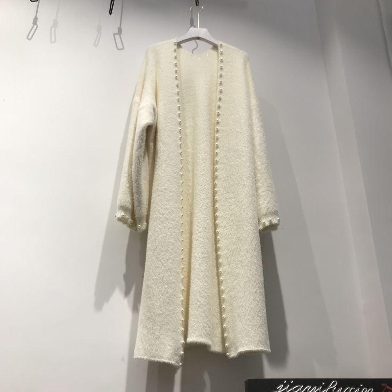 Women's Mink Fleece Cardigan Jacket Autumn and Winter Midi Beaded Knitted Cardigan Loose Casual Over-the-knee Knitted Sweater Coat