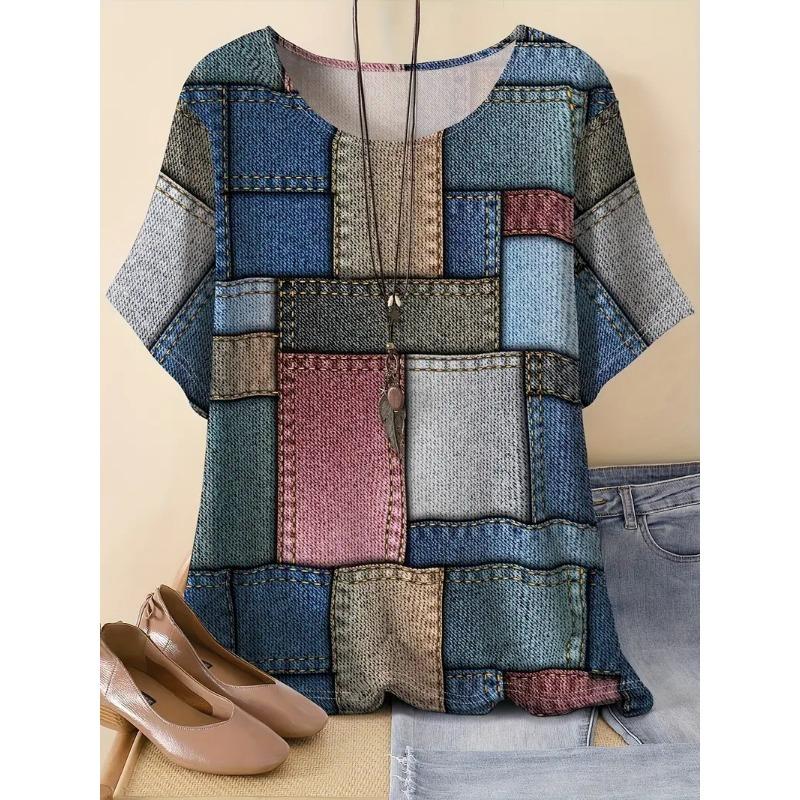 Vibrant Short Sleeve Top Spring & Summer Comfortable Casual Womens Curvy Fashion Clothing Plus Size Geometric Chic T-Shirt