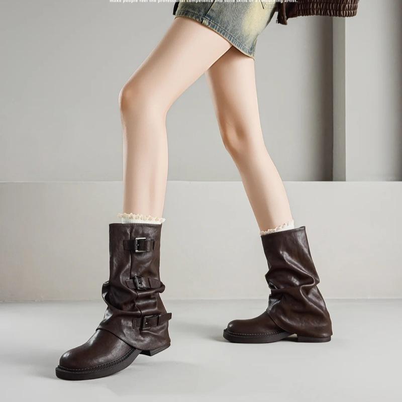 Inner Heightening Stack Boots Slim Medium Boots Children 2025 Autumn and Winter New British Style Retro Belt Buckle Western Boots