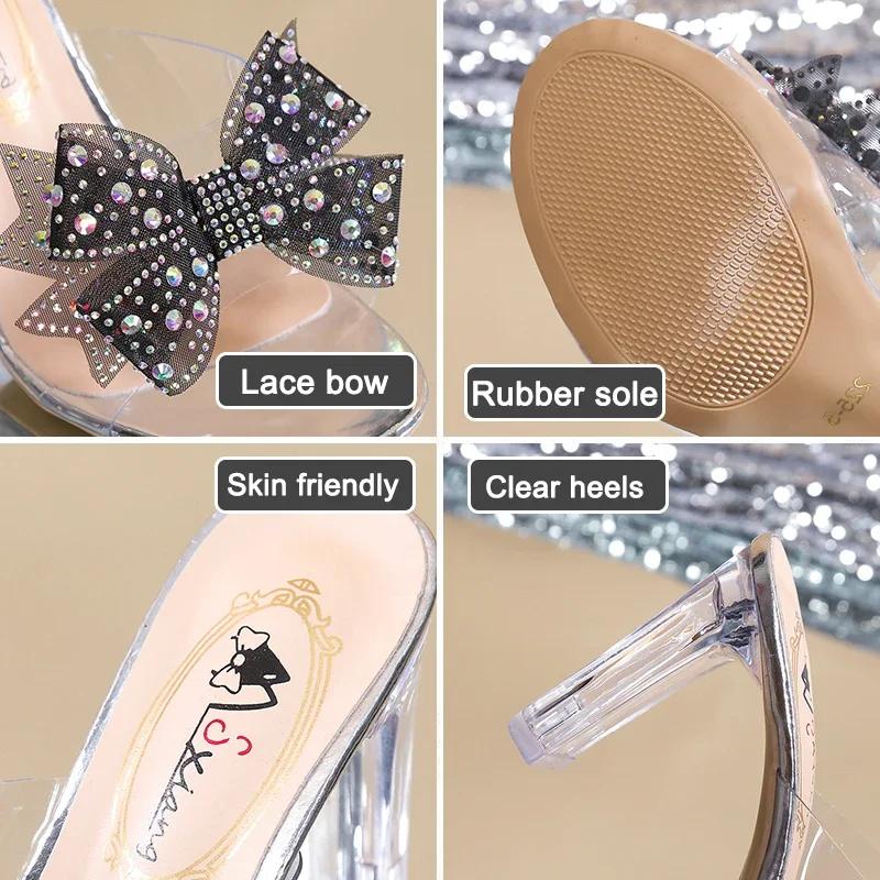 Fashion Rimocy High Heels Crystal Bowtie Slippers Women 2025 Summer Open Toe Transparent Pvc Sandals Woman Clear Heeled Party Slides