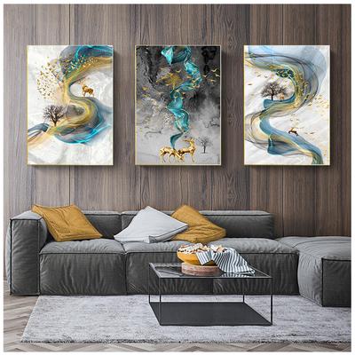 Art Abstract Golden Deer Canvas Painting Big Size Poster Blue Print Gold Wall Art Picture for Living Room Cuadros