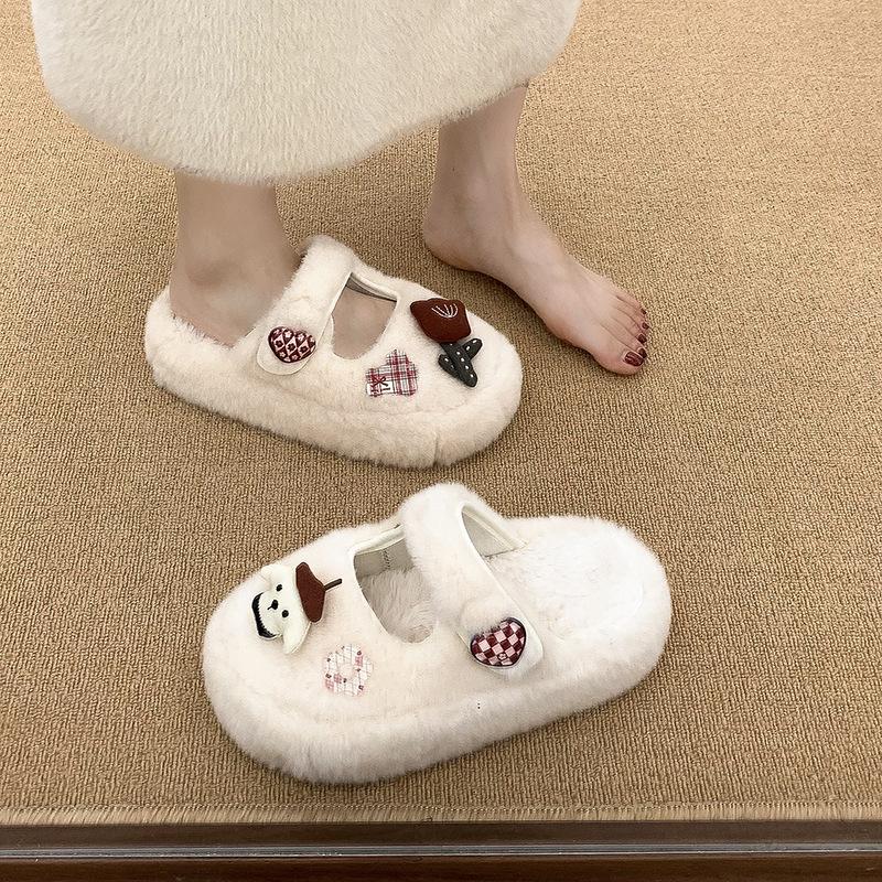 

Cartoon cute bag head half slippers women wear autumn and winter new thick bottom non-slip warm plush cotton slippers tide 35 белый