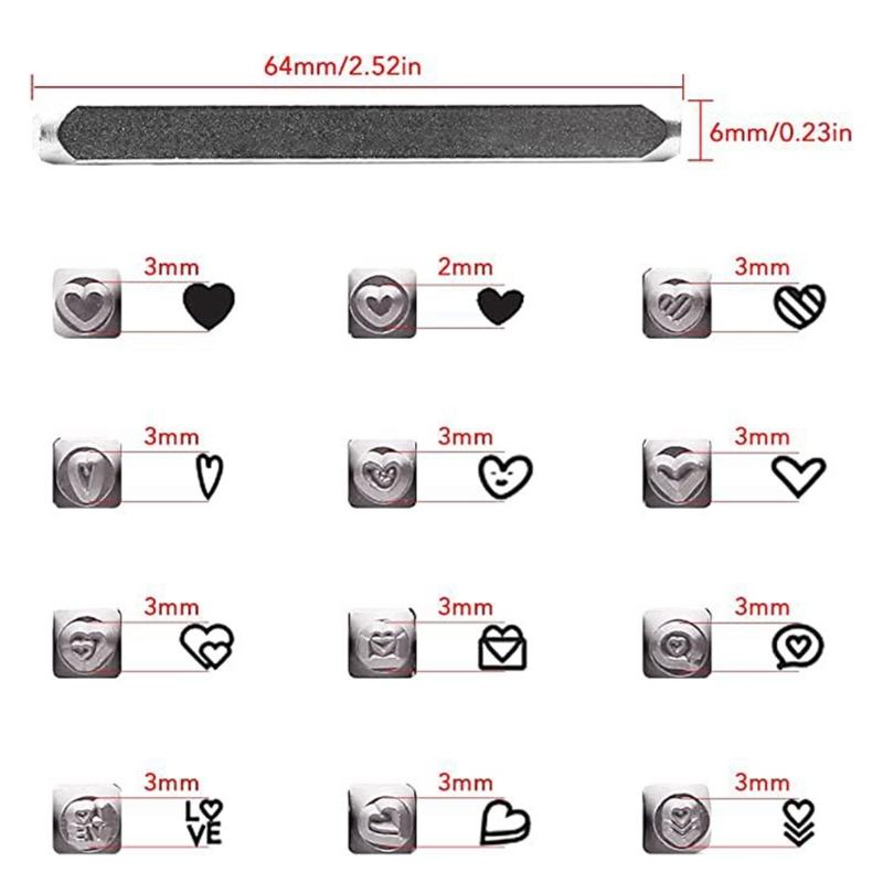 12-teiliges Metallstempel-Prägestempel-Set 1/8'' (3mm) Herz- und Tierstempel-Set Stempelwerkzeug zum Prägen von Metall, Leder, Holz