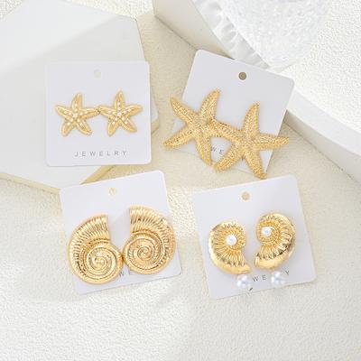 4Pcs Vintage Summer Starfish Conch Earring Set Gold Color Imulated Pearl Stud Drop Earrings for Women Beach Daily Jewelry Gifts