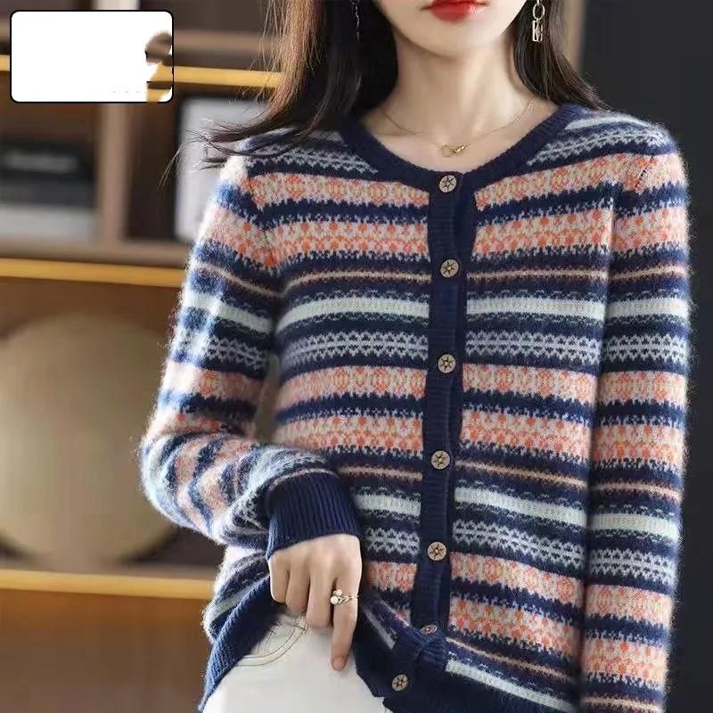 Women's Knitted Cardigan Sweater Autumn and Winter Stripes Lazy Style Women's Sweater