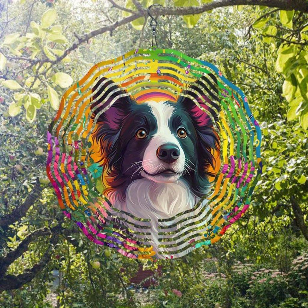 Rainbow Border Collie Dog Wind Spinner - 360° Rotating Metal Garden Art, Vibrant Circular Outdoor Decor for Patio