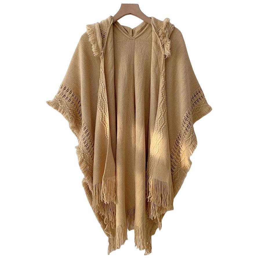 Ethnic Knitted Tassel Hooded Cape Shawl - Women's Autumn/Winter Outerwear for Travel Photography