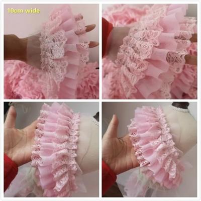 Roz intens, trei straturi, plisat, șifon, dantelă frumoasă, panglică, material DIY, lucrat manual, rochie de mireasă, fustă, haine, pălării, confecționarea păpușilor, ornamente