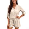 Women Fashion Casual 2 Piece Set V Neck Long Sleeve Shirts And Drawstring Shorts Sets