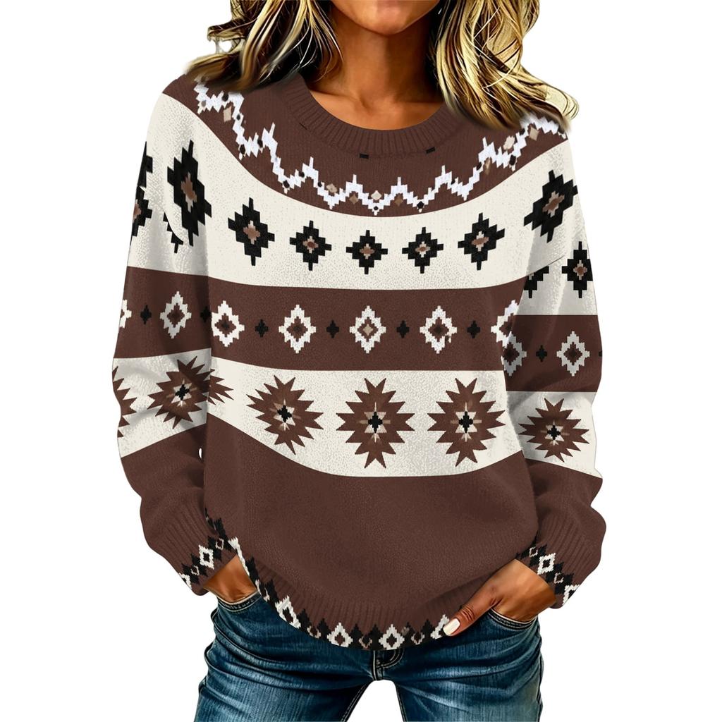 Women's Casual Long Sleeve Round Neck Knit Sweater with Geometric Print