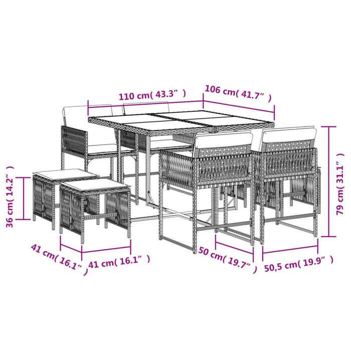 VidaXL Garden Dining Set with Cushions 9 Pcs, Table and Chairs with Foldable Backrest, Outdoor Furniture Patio 3211495