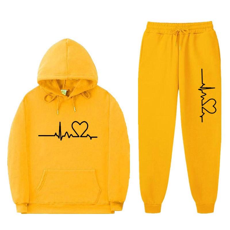Unisex Oversized Hooded Sweatshirt Set With Heart Print Fleece Lined Casual Sportswear Fall
