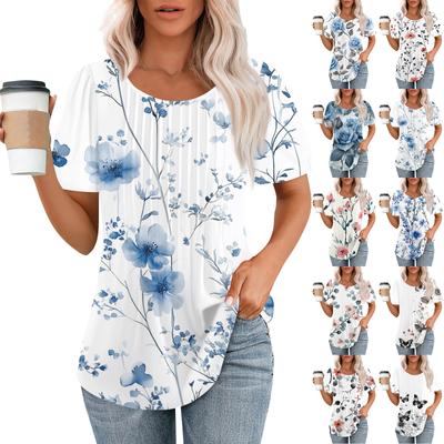 Modisches, lässiges T-Shirt für Damen mit Rundhalsausschnitt, Streifen und Blumenmuster, kurzärmelig