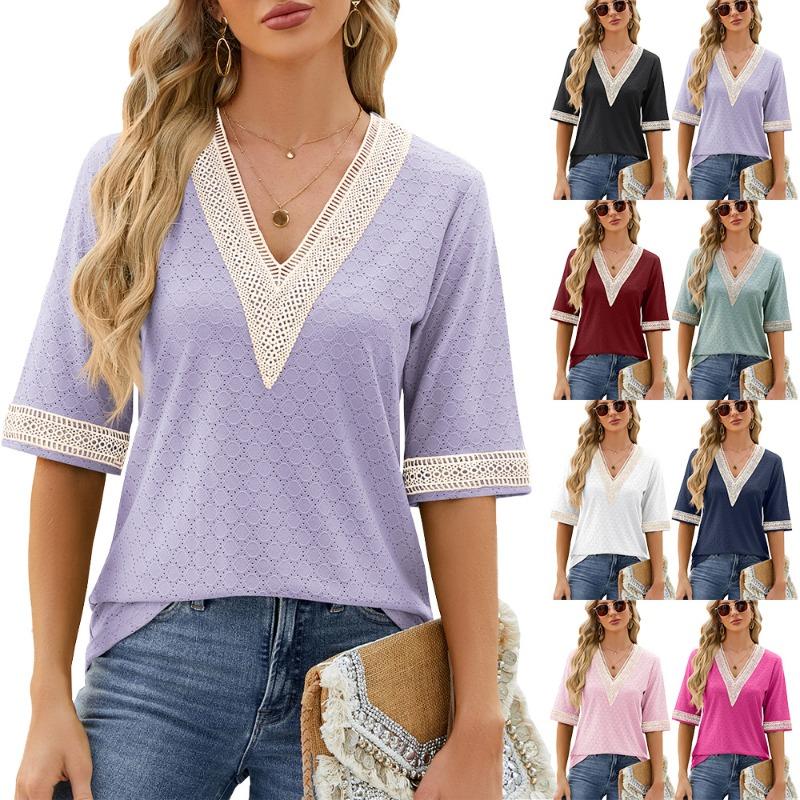 Spring Summer V-neck Gold Lace Patchwork Five Quarter Sleeve Loose T-shirt Top for Women