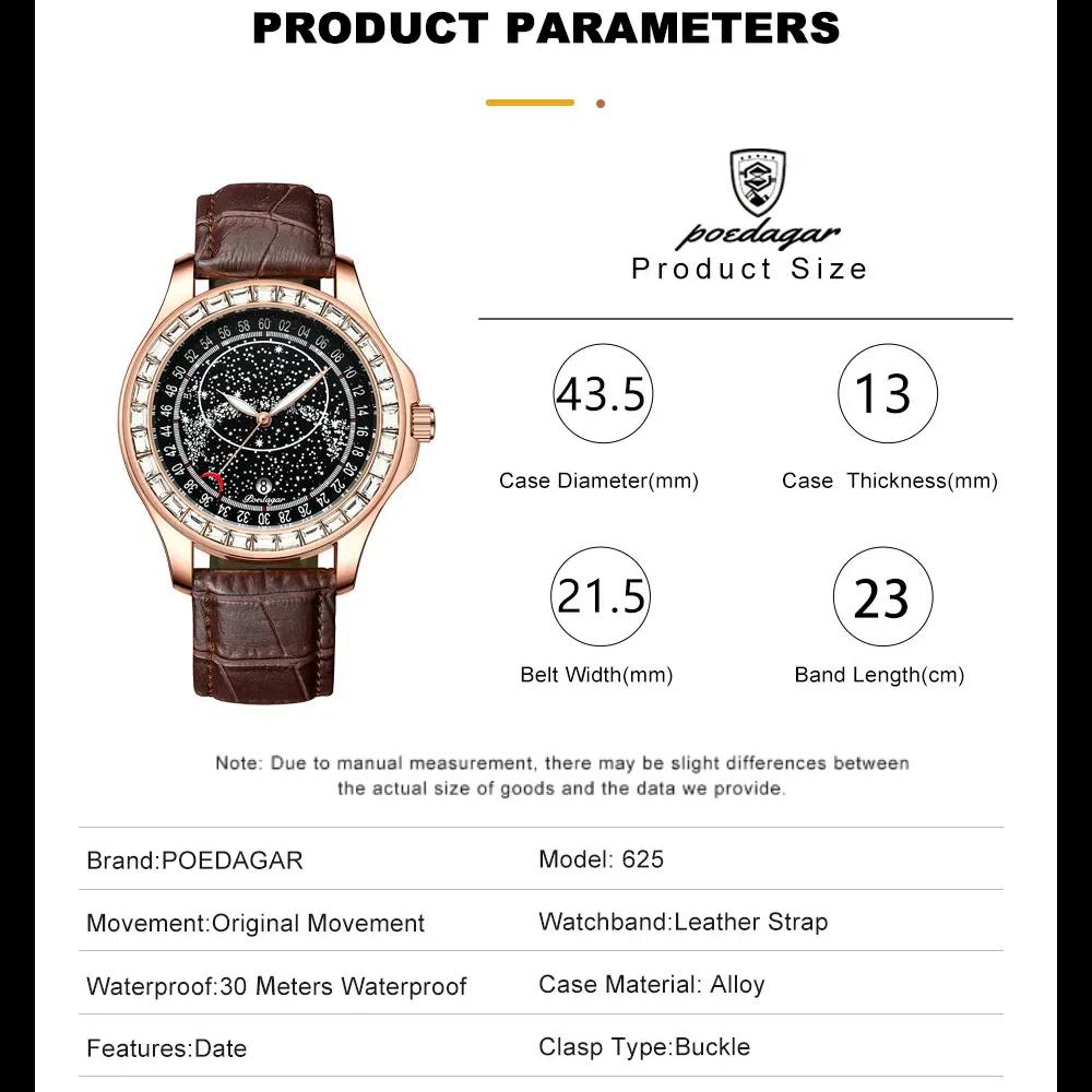 POEDAGAR Men's Fashion Leather Quartz Watches Starry Sky Diamond Style Waterproof Luminous Luxury Sport Blue Wristwatch