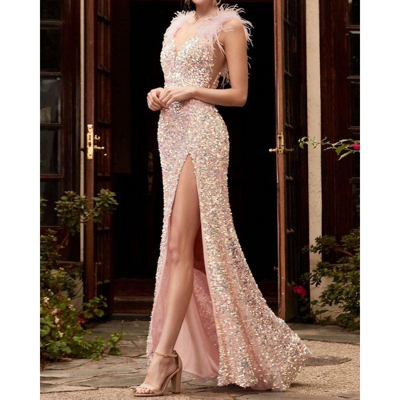 

Sequin Temperament Pink Mid Waist Red Feather Host Banquet Long dress Evening dress Evening Dress Color gold XXL