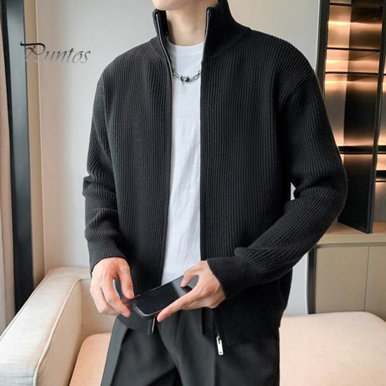 Men Sweater Coat Zipper Closure Knit Elastic Long Sleeves Stand Collar Outerwear Pure Color Casual Cardigan Daily Wear School Mid Length Jacket