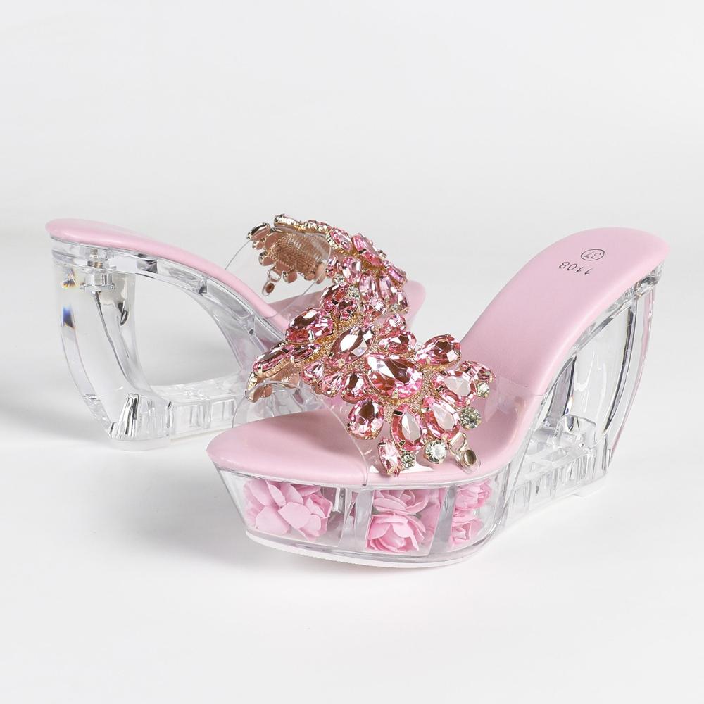 10.5CM 2026 New Round Toe Crystal Shoes, Transparent Chunky Super High Heels, Sexy Car Model Nightclub Footwear LFD-1108WG-H58