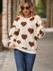 Faux Fur Heart Print Loose Long Sleeve Crew Neck Sweatshirt for Women