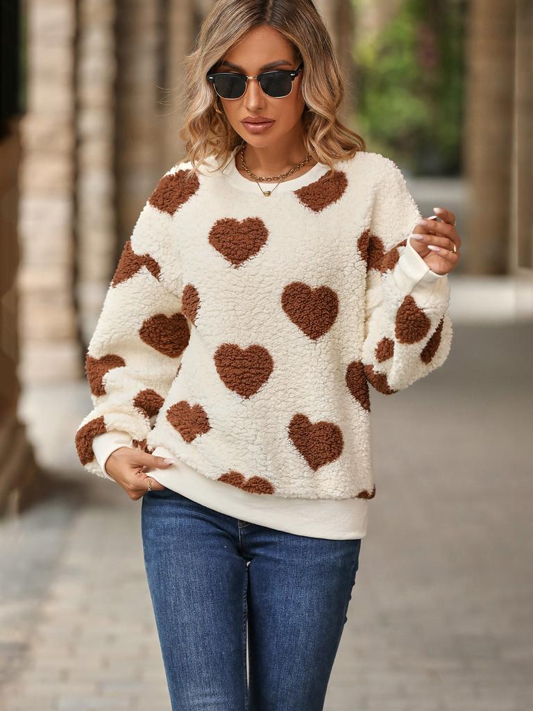 Faux Fur Heart Print Loose Long Sleeve Crew Neck Sweatshirt for Women