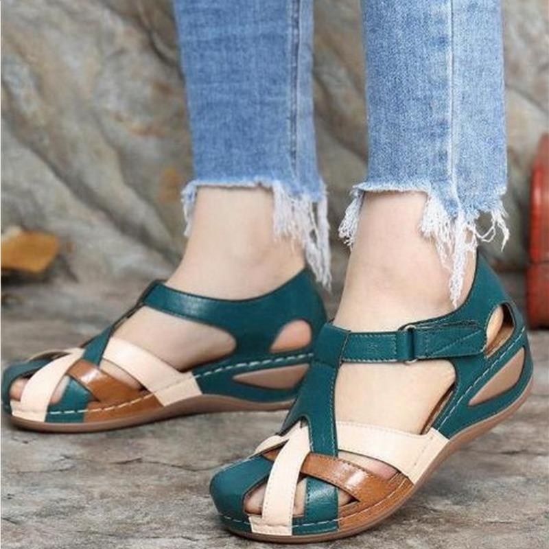 Large Size Women's Shoes New Retro Round Head Wedge Heel Cross Strap Sandals Sandals