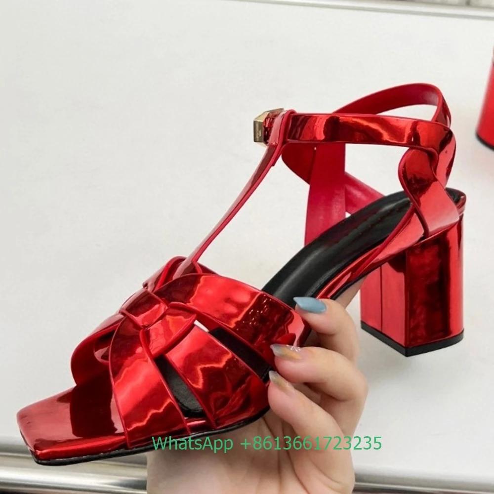 Fashion Cross Strap Square Toe Chunky Heel Women Sandals Solid Color Open Toe Real Patent Leather 6.5Cm Heels 2025 Newest Summer Sandals