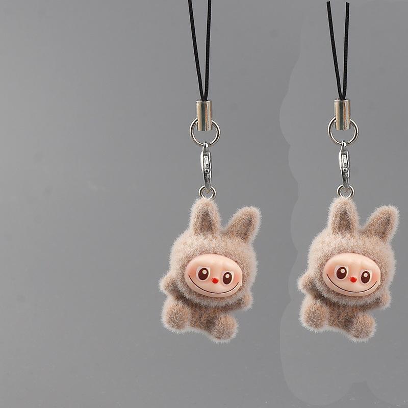 

2 шт. Милый кулон для рюкзака, флокированный кролик Лабубу, цепочка для телефона, брелок, шнурок для подвешивания чехла для наушников, ремешок против потери, декор для сумки
