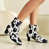 Coarse Heel Short Boots Women's Autumn and Winter New Cow Pattern Retro Front Lace-up High Heel Short Boots Martin Boots and Ankle Boots Large Size