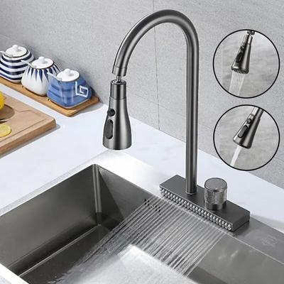 Fregadero en cascada, grifo de cocina, mezclador frío y caliente, lavabo, múltiples salidas de agua, rotación, grifo de lluvia voladora, un solo orificio, negro y gris