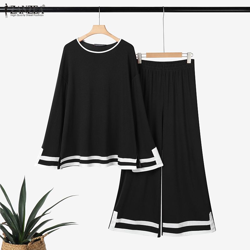 ZANZEA 2PCS Women Long Sleeve Blouse and Pants Stitching Casual Two Piece Suit Sets