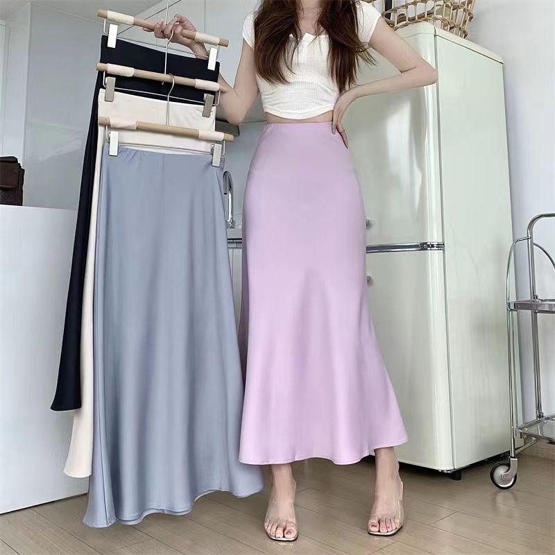 Women's Plain Satin Skirt High-Waist Solid Color Mid-Length Korean Style