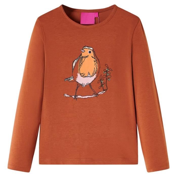 T-shirt enfants à manches longues imprimé oiseau cognac 5 dimensions disponibles
