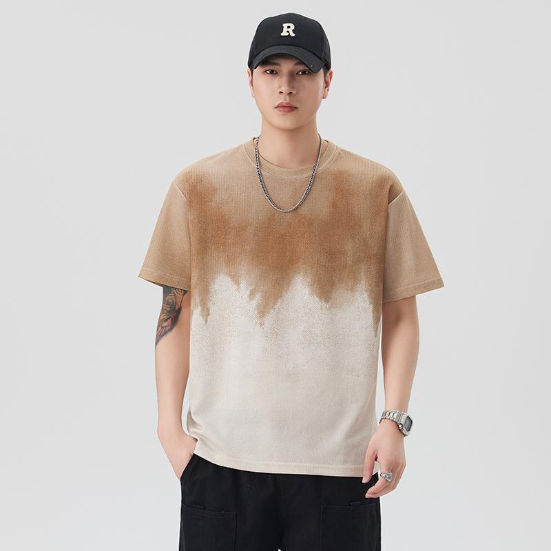 Gradient short-sleeved T-shirt men s street loose round neck casual top versatile 2XL белый