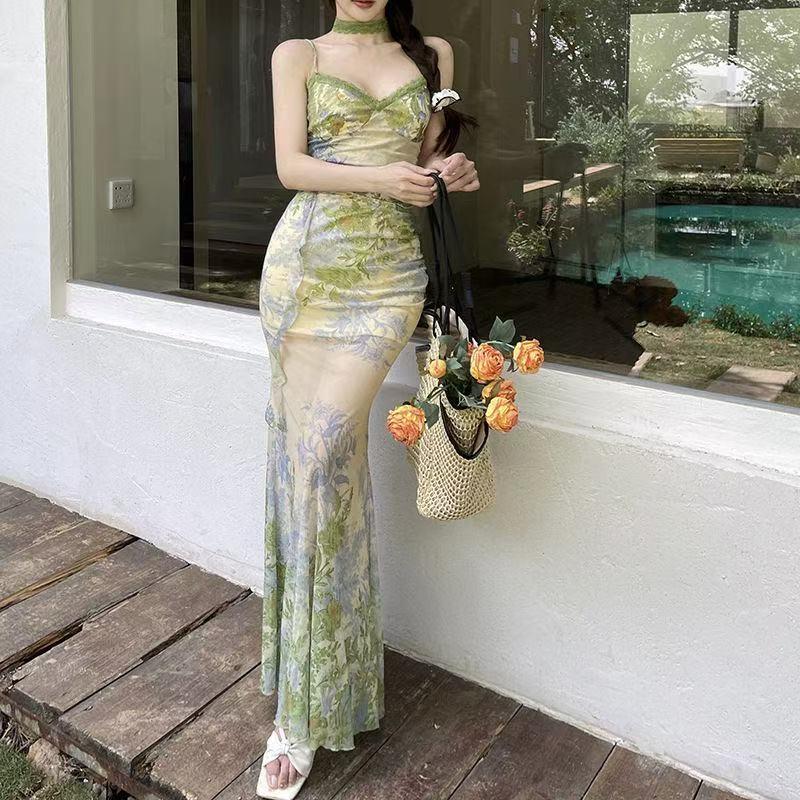 Chest Pads, Exotic Temperament, Elegant Two-piece Set, Summer Sleeveless Suspender Top, Printed Skirt for Women