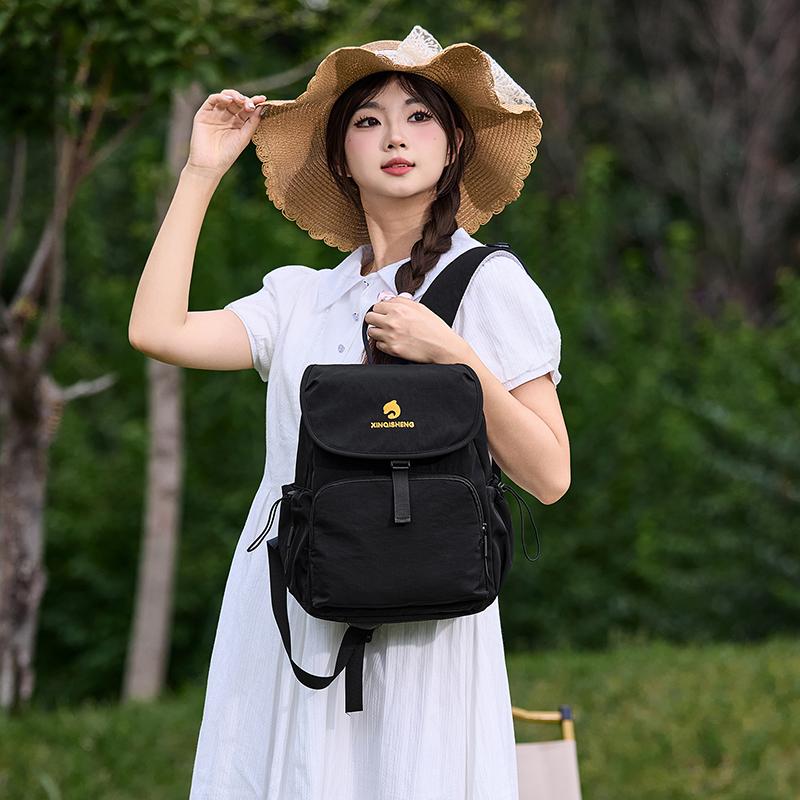 Solid Color Flap Backpack with Front Zipper Pocket Top Handle Adjustable Straps Casual School Daypack