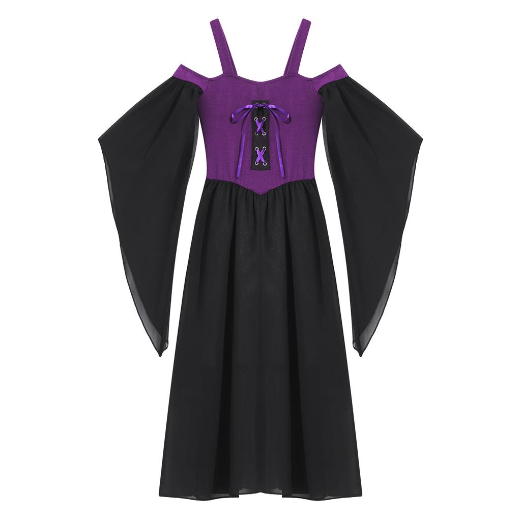 Halloween gotiske kjoler for jenter Butterfly Sleeve Lace Up Dress Cold Shoulder Flowy Medieval Cosplay Dress