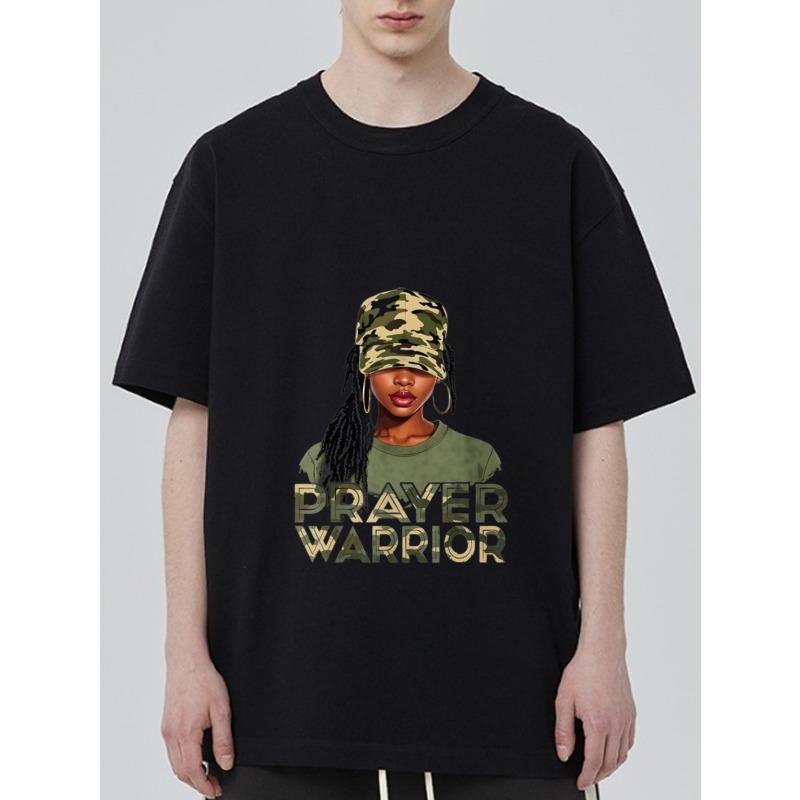 

Black T Shirt with Prayer Warrior Graphic and Camouflage Hat Design for Casual Wear XXXXL чёрный