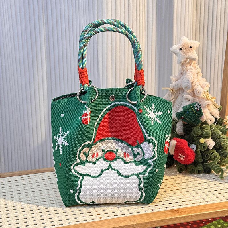 Cartoon Reindeer Santa Claus Knitted Bucket Bag For Women  Large Capacity Portable Handbag Christmas Knitted Gift Bag