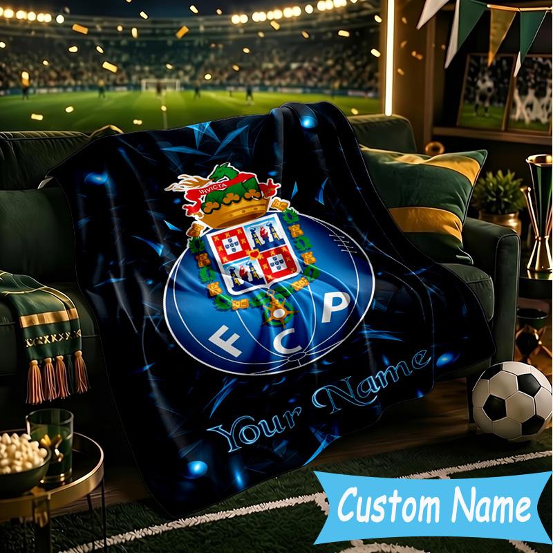 Custom Name FC Porto Emblem Design. Flannel Blanket, Use for Birthday/Holiday Gift, Soft Blanket for Sofa/Bed/Camping/Office, Home Decor
