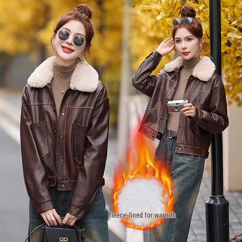 Damen Retro Winter Lederjacke mit abnehmbarem Fellkragen und Fleecefutter