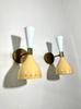 Mid Century Italian Brass Wall Sconce Pair: Beige & White Diablo Lights