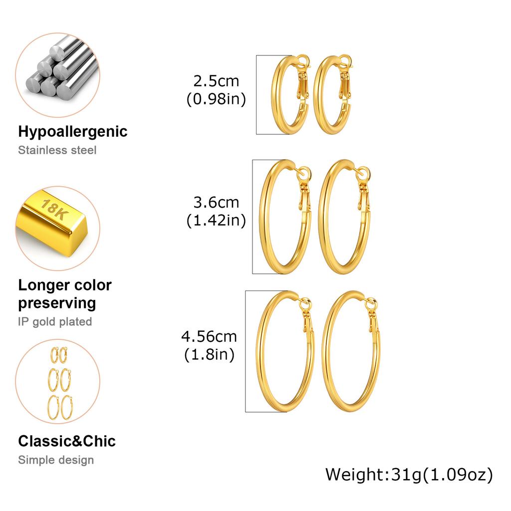 Vnox Stainless Steel 3pairs/set Hoop Earrings For Women, Small Big Round Circle, Classic Anti-allergy Jewelry