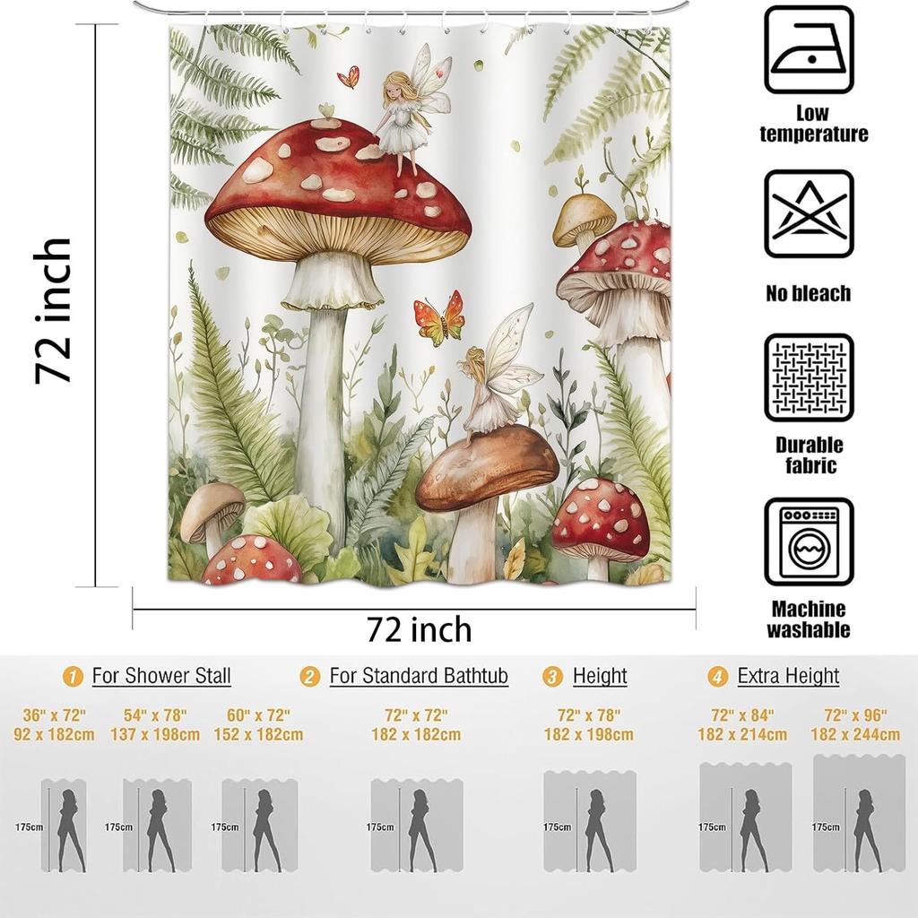Sommer Pilz Duschvorhang, Aquarell Grüne Pflanzenblätter Feen Mädchen Badezimmervorhang, Polyester Stoff Wasserdichtes Bad Cur