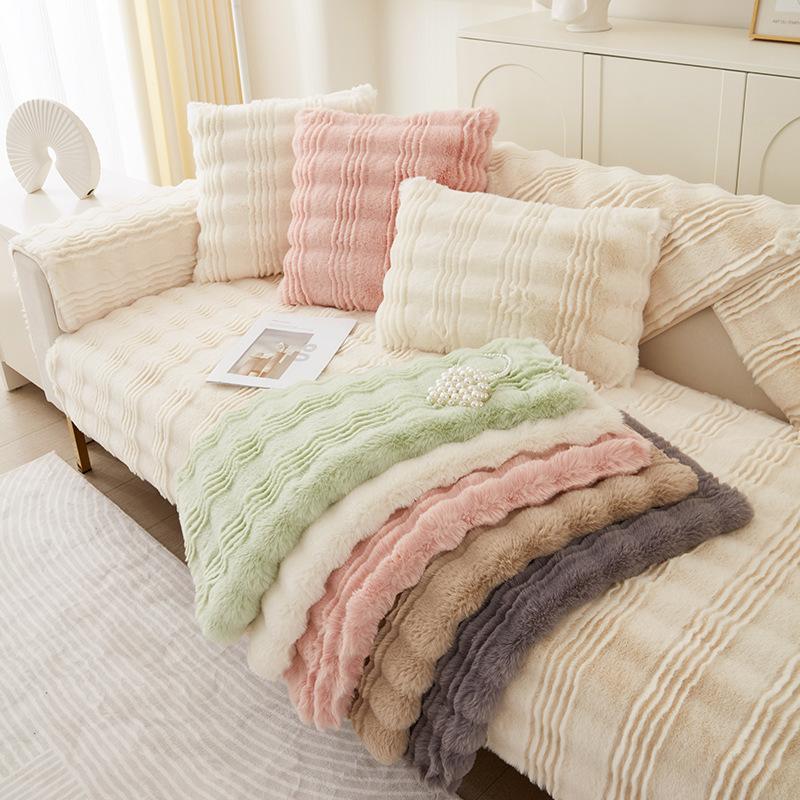 Thickened New Rabbit Plush Sofa Cushion Winter Thickened Seat Cushion Anti Slip and Warm Leather Sofa Cover Cover