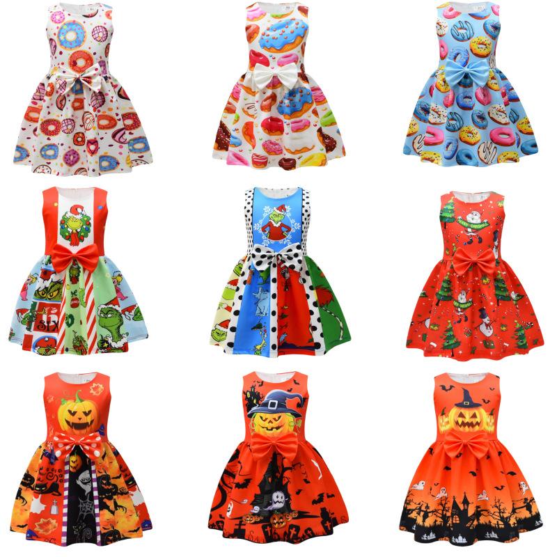 European And American Christmas Halloween Cute Princess Dress Bow 3D Digital Printing Girls Dress