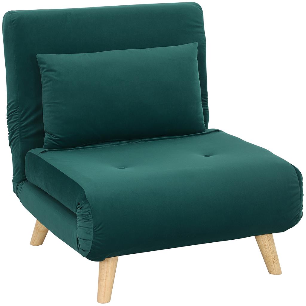 Folding Armchair with Bed Function, Foldable Recliner in Velvet Look, Adjustable Backrest, Load Capacity up to 120 kg, Dark Green