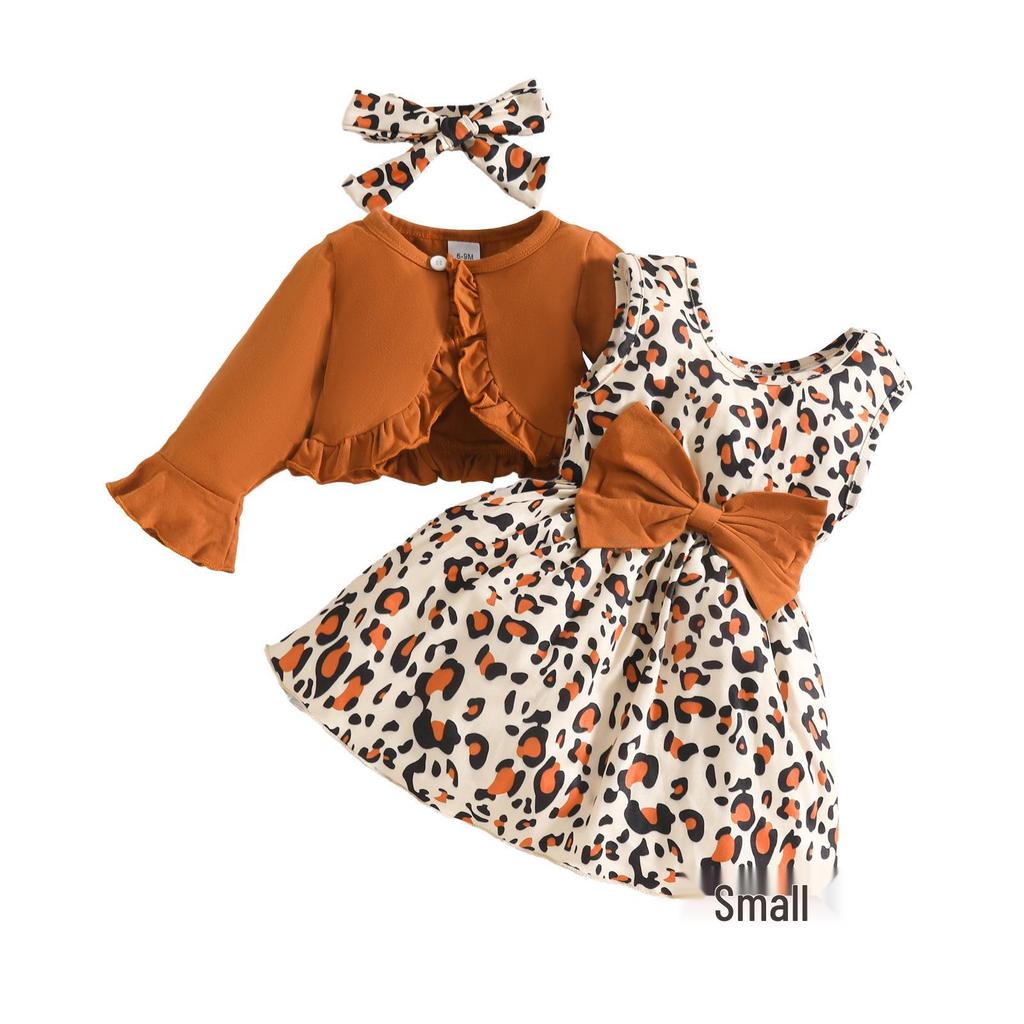 Baby Girls' Bell Sleeve Jacket & Leopard Dress with Bow & Headband (0-3 Years)