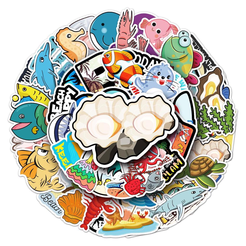 50 Ocean Series Graffiti Stickers - Cartoon Animals for DIY Skateboards, Water Bottles, and Suitcases (Waterproof)