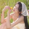 Beige Floral French Lace Triangle Scarf: Versatile Headscarf, Hairband, or Bag Accessory