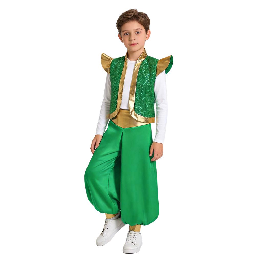 Set 2 Piese Vestă Basm Arabesc Băieți Paiete Metalic Guler Înalt Umeri Pad Pantaloni Largi Talie Înaltă